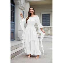 Renaissance Dress Women Victorian Medieval Gothic Witch Fairy Wedding Beige Off Shoulder Puff Sleeve Ruffle Dresses{"Color_name":"03-White","Size_name":"XX-Large/3X-Large"} - 03-白色 - 查看 9