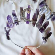 Bubbmi Women Amethyst Crystal Crown Headband Raw Quartz Tiara Moon Goddess Headpiece For Festival Bachelore Tte Party Photography{"Color_name":"PURPLE"} - 紫色 - 查看 5