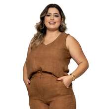 Conjunto Feminino Regata E Pantalona Plus Size conpl-0039 - Marrom - Visão 2
