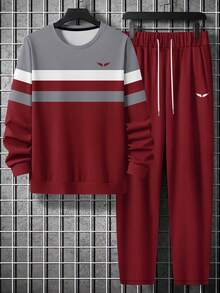 2pcs Men's Casual Striped Print Crew Neck Sweatshirt And Sweatpants Sports Suit, Streetwear Sports Casual Outfit Suitable For Outdoor Activities, Spring Season , Fall Clothes