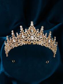 1 pièce Bandeau de mariée de luxe avec décoration de strass en forme de couronne pour femmes. Tiare royale élégante pour mariage. Accessoire de la Saint-Valentin - Doré - Voir 2