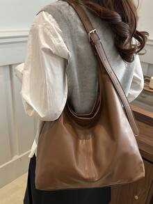 Großvolumige einfarbige PU-Leder Damen Lässig Multifunktions Schulter Tote Bucket Tasche, Lässig klassisch vielseitige Tasche für den täglichen Gebrauch, modische personalisierte Tasche, geeignet für tägliches Outfit, einfache Fotografie, Einkaufen, Dates, Ausflüge, Reisen, Strand usw. Tragbar und einfach zu benutzen, geeignet für Mädchen, weibliche Studenten sowie Büro, Universität, Mittel- und Oberschule und Arbeit. - Braun - Übersicht 13