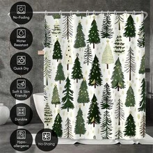 1 Christmas Tree Winter Simple Green And White Shower Curtain, Polyester Waterproof And Machine Washable, Suitable For Christmas Bathroom Or Shower Decoration, With 12 Hooks - Multicolor - View 4