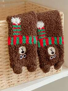 1 par de calcetines largos de tobillo cálidos, suaves y esponjosos de color rosa liso y sólido con bordado de oso para niños grandes en otoño e invierno - Marrón - Ver 4