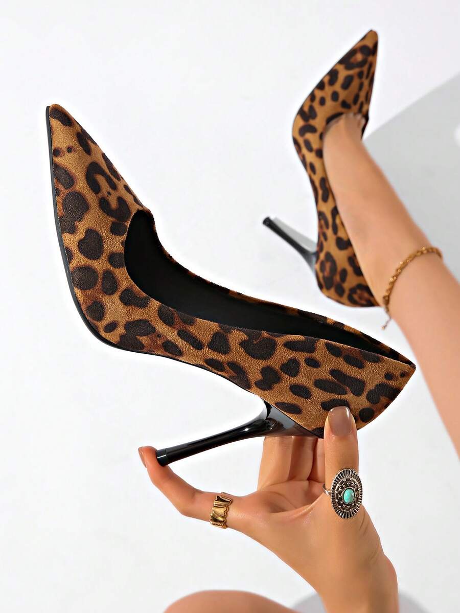女士豹纹绒面尖头细高跟鞋，性感派对/夜店/婚礼/工作场合适用，10厘米高跟，优雅