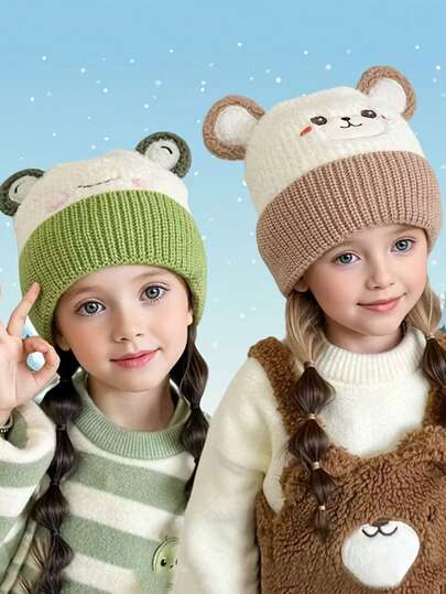 1 件冬帽 - 轻盈柔软弹性冬季动物脸和心形图案无檐帽 - 温暖厚实的护耳帽，颜色可爱柔和 - 适合男孩和女孩的圣诞节和日常寒冷天气帽子