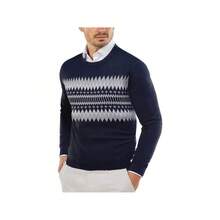 Men's Crew Neck Sweater Slim Fit Lightweight Sweatshirts Knitted Pullover For Casual Or Dressy Wear - 海軍藍/灰白提花 - 查看 1