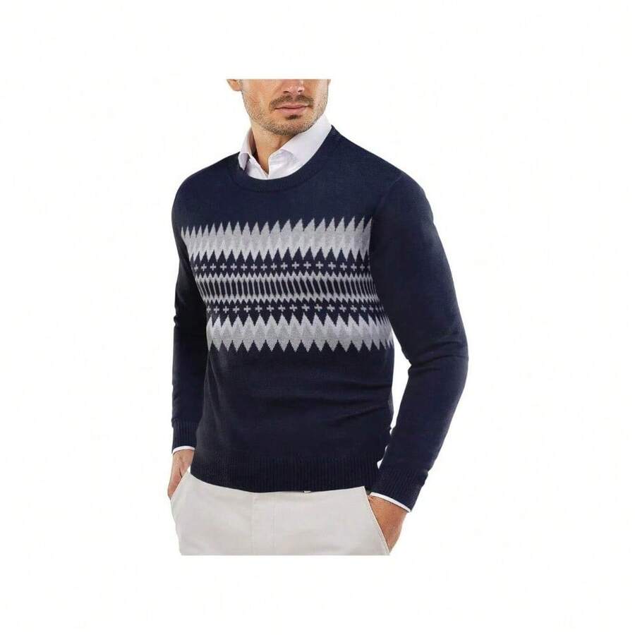 Men's Crew Neck Sweater Slim Fit Lightweight Sweatshirts Knitted Pullover For Casual Or Dressy Wear - 海軍藍/灰白提花 - 查看 1