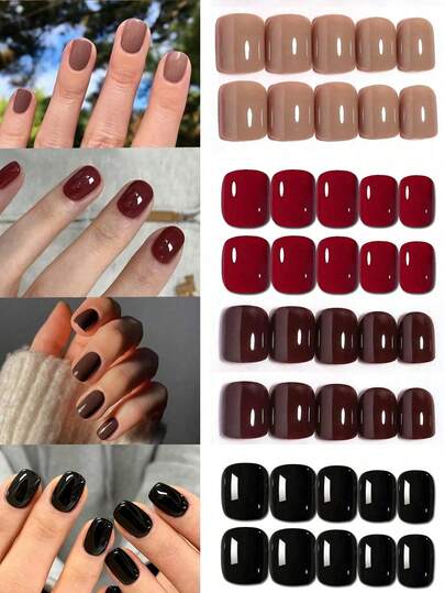 ARTAUG 96pcs Abrazine Solid Color Nail Stickers, 4 Different Nude Shades, Glossy Finish, Wearable, Cute Short Square Fake Nails, Removable, Ready-To-Wear Nail Stickers, Great Gift For Women And Girls Nail Supplies