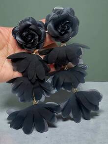 1 par de pendientes de borla con flor de rosa de chifón vintage exagerada y elegante, hechos a mano, adecuados para uso diario, fiestas y vacaciones