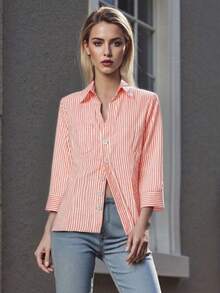 Camisa de mujer con botones, ajuste casual y estilizado, cuello en V, manga 3/4, sólido/a rayas - Rosa - Ver 2