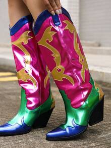 Juliana Metallic Colorblock Western Cowboy Boots - Pink - View 1