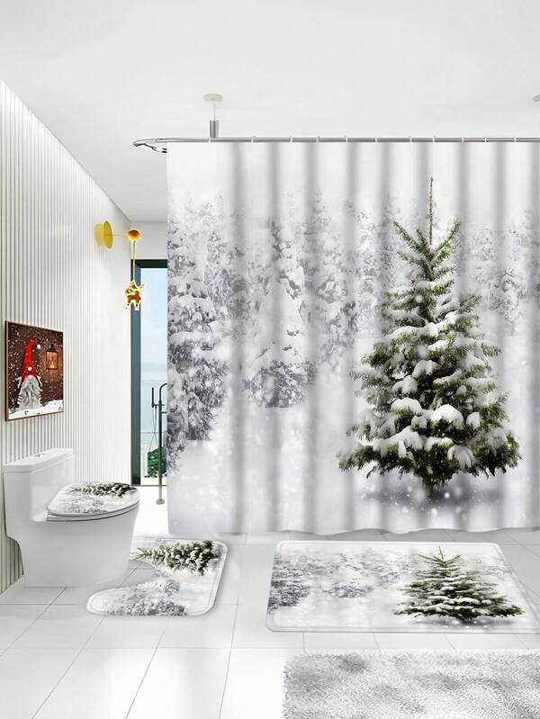 Festliches Weihnachts-Schneekiefer-Badezimmer-Set: Beinhaltet 12 kostenlose Haken, künstlerisches Design, wasserdichter Vorhang, Badematte, U-förmiger Teppich und Toilette-Sitzabdeckung - perfekt für die Winterfeiertage