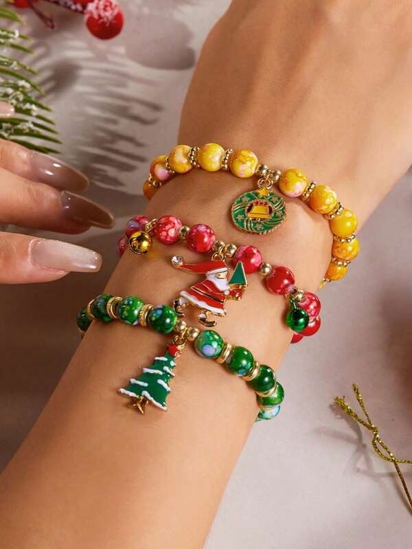 3 Stücke/Pack Weihnachts-Perlenarmband-Set - Modisches & vielseitiges buntes Perlenarmband-Design, geeignet für Weihnachtspartys, Veranstaltungen, Freundschaft, Paare, Familie - sortierte Farben & Stile (zufällig)