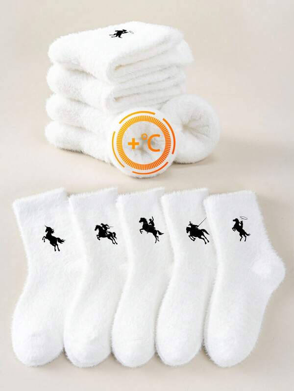5 Pairs, Fleece-Lined Styles Suitable For Both Men And Women, Horse Pattern, Gentleman's Riding Outfit, Polo Elements, Polo Stroll Embroidery Sports Socks, Printed Socks, Angel Riding Socks, Angel Socks, Jacquard Socks, Socks With Black Double Stripes, Women's Socks, Women's Products, Women's Socks, White Socks, Solid-Colored Socks,