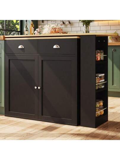 360° Rotating Dining Table, Modern, Multifunctional Storage, Bedroom, Living Room, Sideboard Cabinet Drawers, Doors, Side Shelves, Zwart view 6