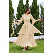 Renaissance Dress Women Victorian Medieval Gothic Witch Fairy Wedding Beige Off Shoulder Puff Sleeve Ruffle Dresses{"Color_name":"01-Beige","Size_name":"Small-Medium"} - 01-米色 - 查看 3