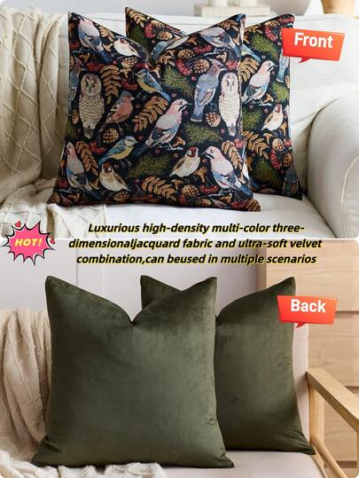 1/2 Pieces, Pine Green Decorative Square Pillowcase With Tree And Bird Style, Available In Multiple Sizes, High-Density Colorful Jacquard Fabric Pillow, Pillow Core Not Included, Zipper Closure, Suitable For Christmas Holiday Parties, Sofa Cushion Covers, Bed Cushions, Living Rooms, Offices,Sofa Cushions To Match Beige Sofas ,Car Cushions,And As Simple Gifts.