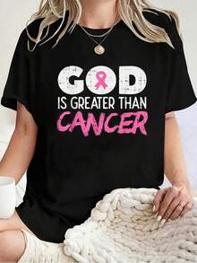 God Is Greater Than Cancer Ribbon Breast Cancer Awareness T-Shirt -Women's Spring/Summer New Collection, 100% Cotton Printed Round Neck Short Sleeve, Holiday Pattern T-Shirt, Women's Top - Black - View 1