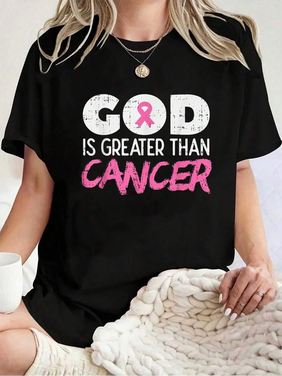 God Is Greater Than Cancer Ribbon Breast Cancer Awareness T-Shirt -Women's Spring/Summer New Collection, 100% Cotton Printed Round Neck Short Sleeve, Holiday Pattern T-Shirt, Women's Top - Black - View 1