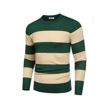 Men's Crew Neck Sweater Slim Fit Lightweight Sweatshirts Knitted Pullover For Casual Or Dressy Wear - 綠色/杏色條紋 - 查看 6