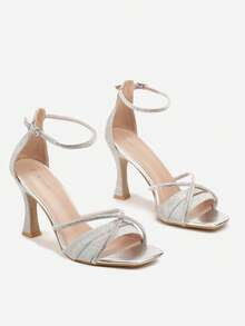 High-Heel Sandals Decorated With Rhinestones - Silver - View 5