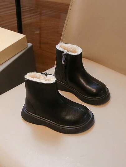 1 Pair Kids Snow Boots, Plush Lined, Thick Sole, Soft Leather, Mid-Calf, Waterproof, Warm Winter Shoes For Big Children