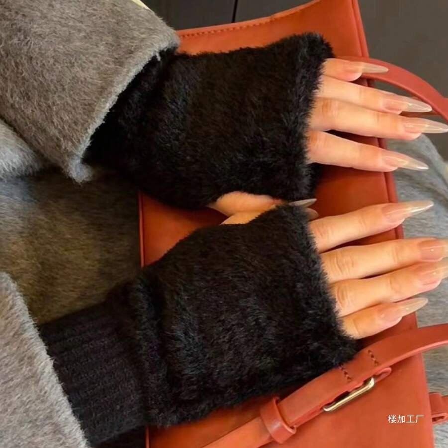 1 Paar Mink-Fleece weiche Winter Halbfinger Handschuhe für Damen, warm, luxuriös, einfarbig weiß, flauschig gestrickt, fingerlos, Handgelenkstulpen - Verschiedenfarbig - Übersicht 1
