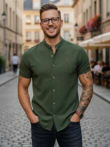Men's Short Sleeve Shirt With Priest Collar, Comfortable, Summer , Fresh, Easy To Iron And Quick To Dry - Màu xanh Ô liu - Xem 1