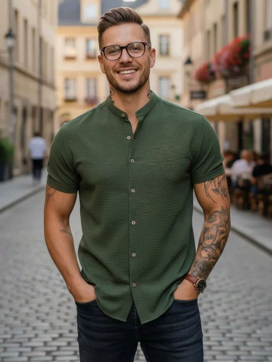 Men's Short Sleeve Shirt With Priest Collar, Comfortable, Summer , Fresh, Easy To Iron And Quick To Dry - Màu xanh Ô liu - Xem 1
