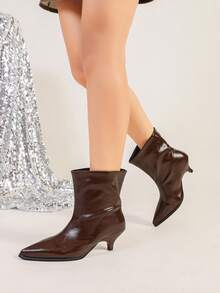 Women's Brown Glossy Pointed Toe Kitten Heel Ankle Boots, Elegant Party & Casual Slip-On Ankle Boots, Versatile Fashion Footwear For Autumn - Rust Brown - View 4
