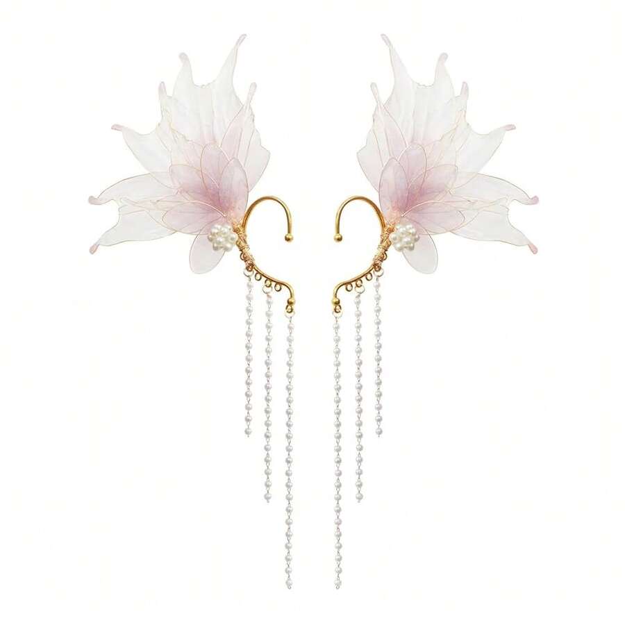 Stunning Mermaid Elf Ear Cuffs With Pearl Tassel, Non Piercing Elven Wrap Clip On Earring For Anime Cosplay Costumes, Halloween Mermaid Accessories Women Men{"Color_name":"LightPurple","Size_name":"OneSize"} - 淺紫色 - 查看 1