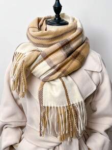 1pc 65*180cm Women's Stylis Two-Color Check, Long Tassels Scarf. Ponchos For Women, Scarfs, Scarves For Women, Scarf Winter, Fall Accessories, More Than Ninety Percent Of People Chose, Suitable For Dates, Casual And Formal Outings, Versatile Fashion Accessories, And Night Date Outfits.