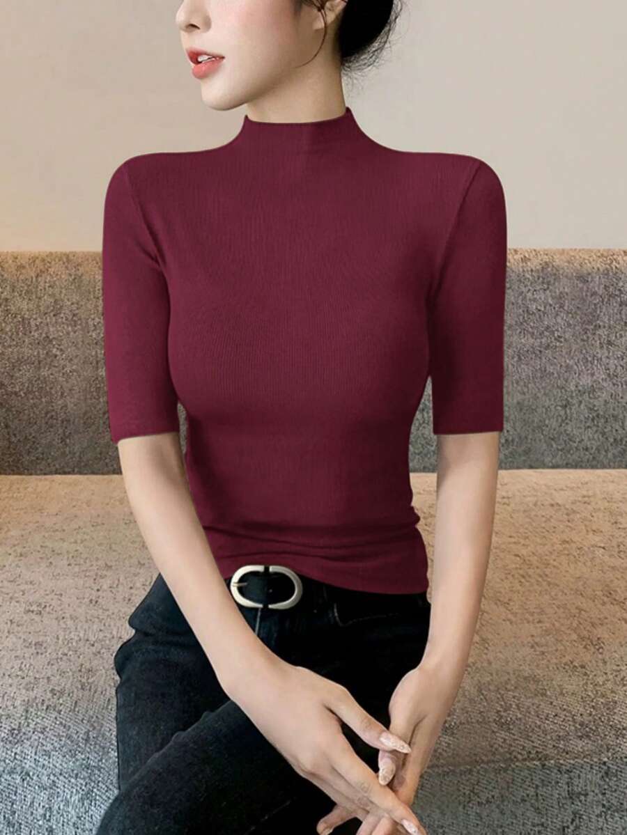 Women's Cotton T-Shirt With Three-Quarter Sleeves, High Neck, Rib Knit, Regular Fit, High Stretch Fabric - Burgundy - View 1