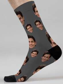 1 Pair Customized Face Design Unisex Mid-Calf Socks, Personalized Socks With Photo & Text Logo, Interesting Custom Portrait Socks For Men & Women, Suitable For Daily Wear, Holidays, Birthdays, Couple & Wedding Gifts - Multicolor - View 7