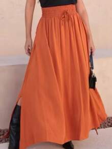 Women's Long Viscolinho Skirt With Pockets And Side Slit, Evangelical Fashion, Lined, Casual Fashion, High Waist - 亮橙色 - 查看 2