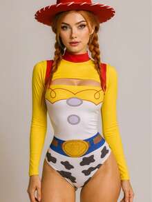 Disfraz de Vaquera Jessy T0y St0ry para Mujer Dama Sexy, Conjunto de 2 Piezas Top Con Body de Tirantes Estampado de Vaca para Eventos Halloween Lindo Tierno Festividad Noviembre Día de Muertos Disfraces Cosplay para Fiesta - Amarillo - Ver 5