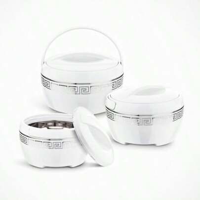 Marco Insulated Food Warmer 3pcs Set Includes 2.5 3.5 5.0lt White With Elegant Silver Greek Design Border And With Convenient Carry Handle.