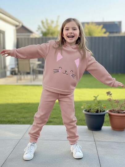 Conjunto deportivo Color Liso de niña con sudadera estampado de gatito y jogger