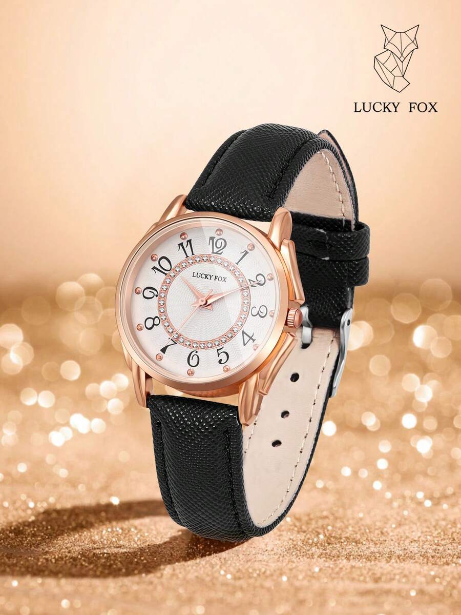 LuckyFox 女士时尚水钻阿拉伯数字表盘石英表，优雅手表适合日常搭配、通勤、约会、生日、节日、精美礼物 - 黑色 - 查看 1