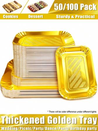 50 paquets de plateaux jetables dorés robustes - 2 tailles de plats rectangulaires pour les desserts, les fêtes, les mariages