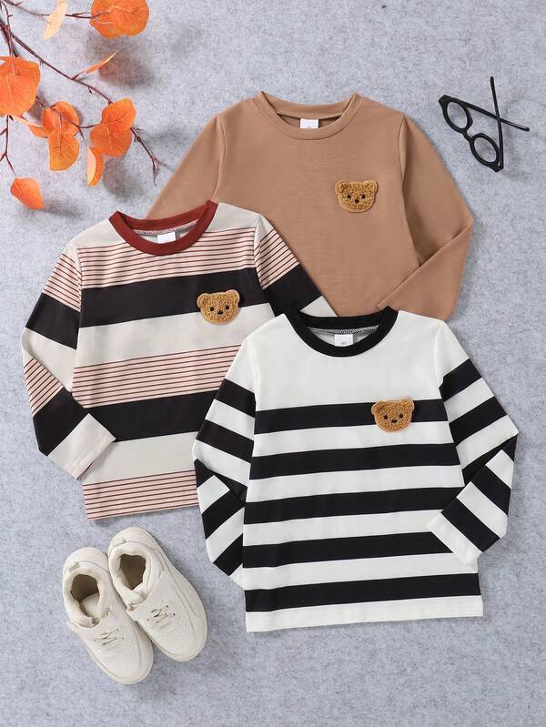 3pcs/Set Boys' Casual Everyday Wear Fashion Printed & Striped Pattern Round Neck Long Sleeve T-Shirts, Spring/Autumn