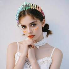 Boho Crystal Crown Headband, Natural Quartz Rhinestone Tiara Headpiece For Women Girls Wedding Parties Photography{"Color_name":"COLORFUL"} - 豐富多彩的 - 查看 6