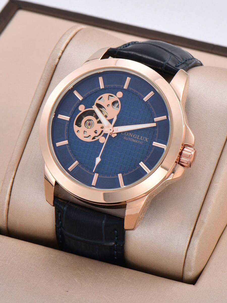 LONGLUX 1 pieza Reloj de hombre con correa de cuero automático mecánico impermeable, de alta gama y casual