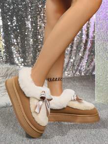 Botas de nieve de suela gruesa con lazo de unicolor, 2025. Botas cortas de invierno para mujer, acolchadas y cálidas para fiestas, uso casual, trayectos diarios u outdoor/esquí. Con forro térmico antideslizante.