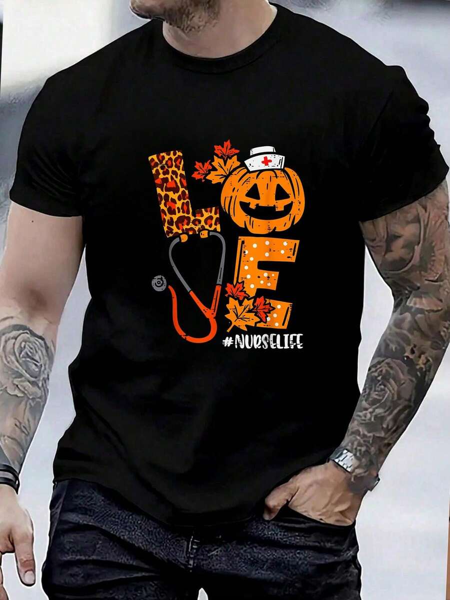 100% Cotton Leopard Pumpkin Nurse Halloween Costume Fall Scrub Top Women T-Shirt - Men Relaxed Fit Clothing For All Seasons - Black - View 1