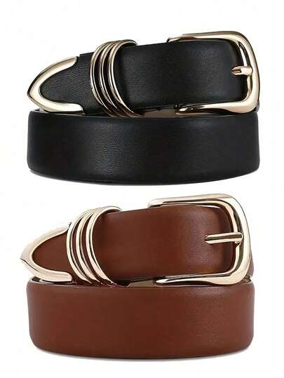 2 piezas Cinturón unisex de piel sintética con hebilla ovalada - Cinturón casual ajustable para jeans, pantalones, faldas - Accesorio de moda duradero, adecuado para atuendos casuales y vaqueros