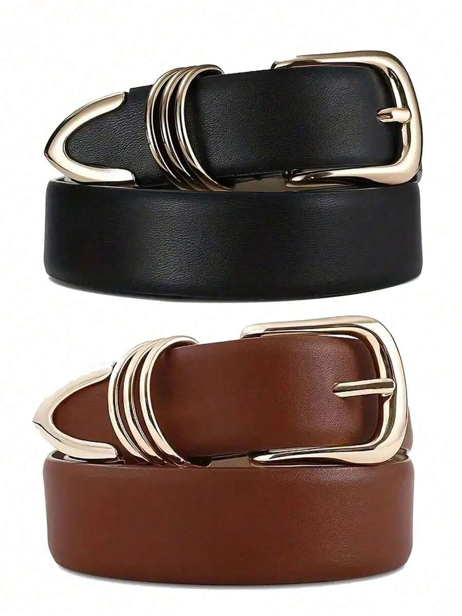 2pcs Unisex Faux Leather Belt With Oval Buckle - Adjustable Casual Belt For Jeans, Pants, Skirts - Durable Fashion Accessory, Suitable For Casual Outfits And Denim - 2pc Black + Brown - View 1