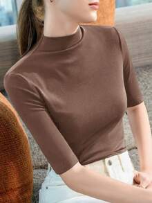 Women's Three-Quarter Sleeve Ribbed Cotton T-Shirt With Stand-Up Collar, Regular Length, High Stretch - Coffee Brown - View 1