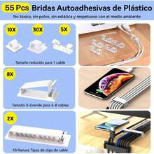 Kit de Gestin de Cables, 67 clips de adhesivo organizador de cables de escritorio, 22 correa de reutilizable, 4 manguito de Split, 200 Nylon Zip Ties, 20 soportes313, Ferroso - 313 + Blanco - Ver 3